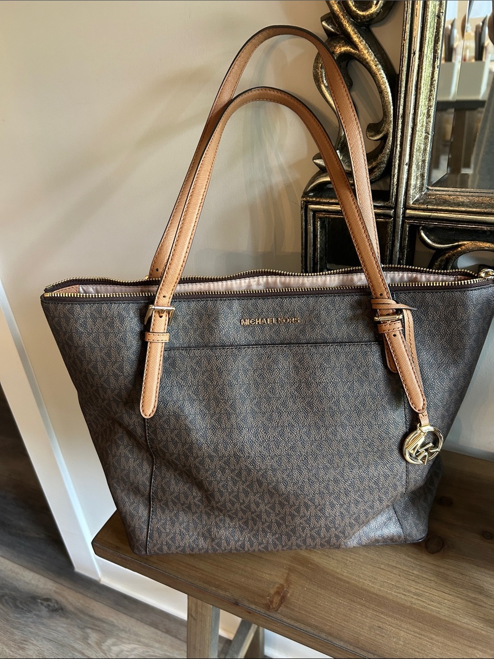 Michael Kors Brown MK Logo Tote with Tan Leather Handles excellent condition